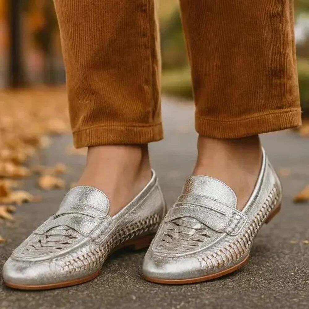 Veronica Beard Woven Penny Loafer In Silver Size 8